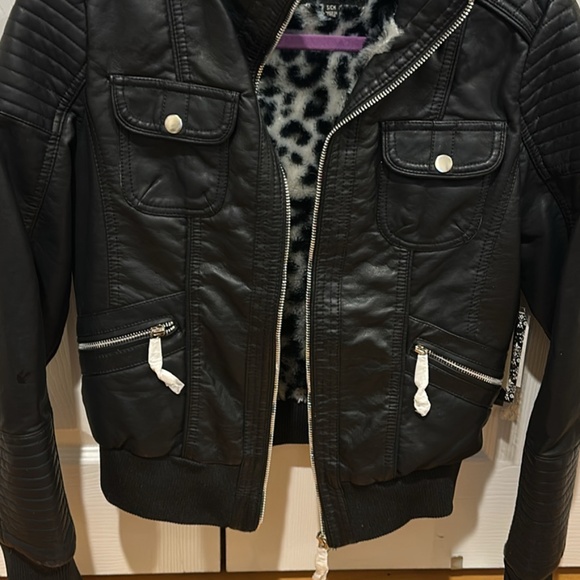 Black Faux Leather Bomber Jacket New with Tags Size S - Picture 2 of 9
